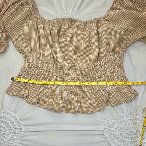 Japna Tan Check Puff Sleeve Elastic Waist Praire Cottagecore Off Shoulder Top L - Picture 10 of 14